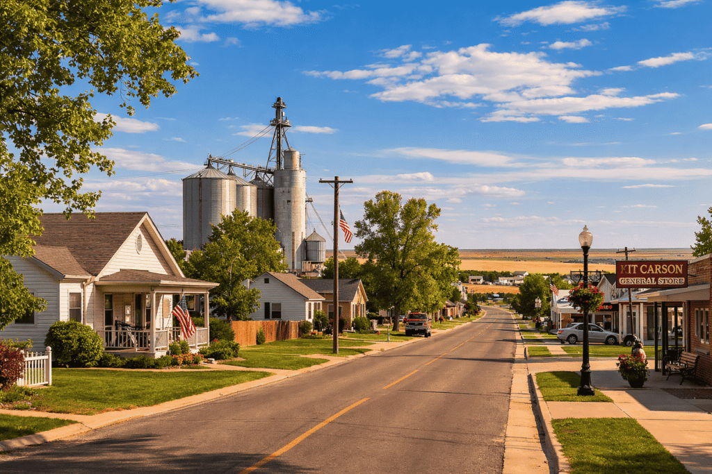 Quiet town scene in Kit Carson, Colorado,